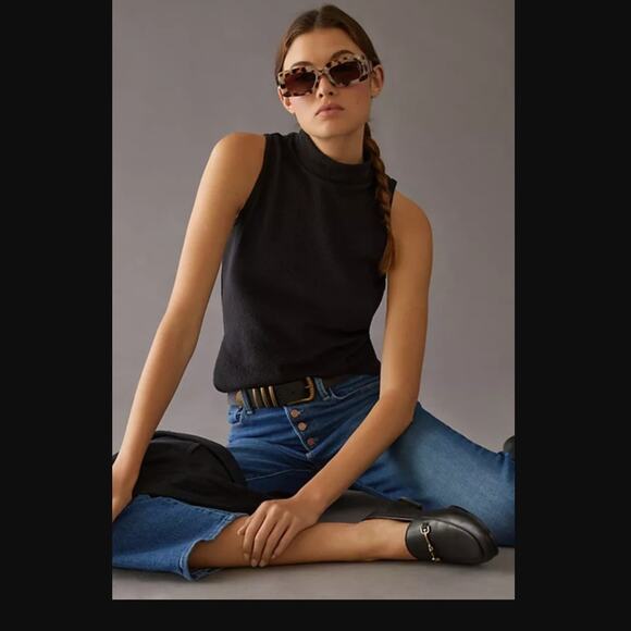 NWT Anthropologie Maeve Black Mock Neck Top - Large - Picture 1 of 5